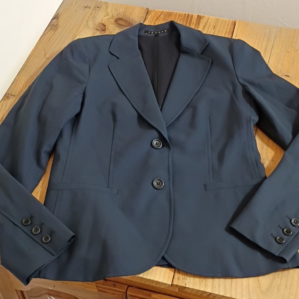 Theory Vintage Blue Stretch Wool 2 Button Fitted Blazer Jacket Size 8 - Picture 6 of 12